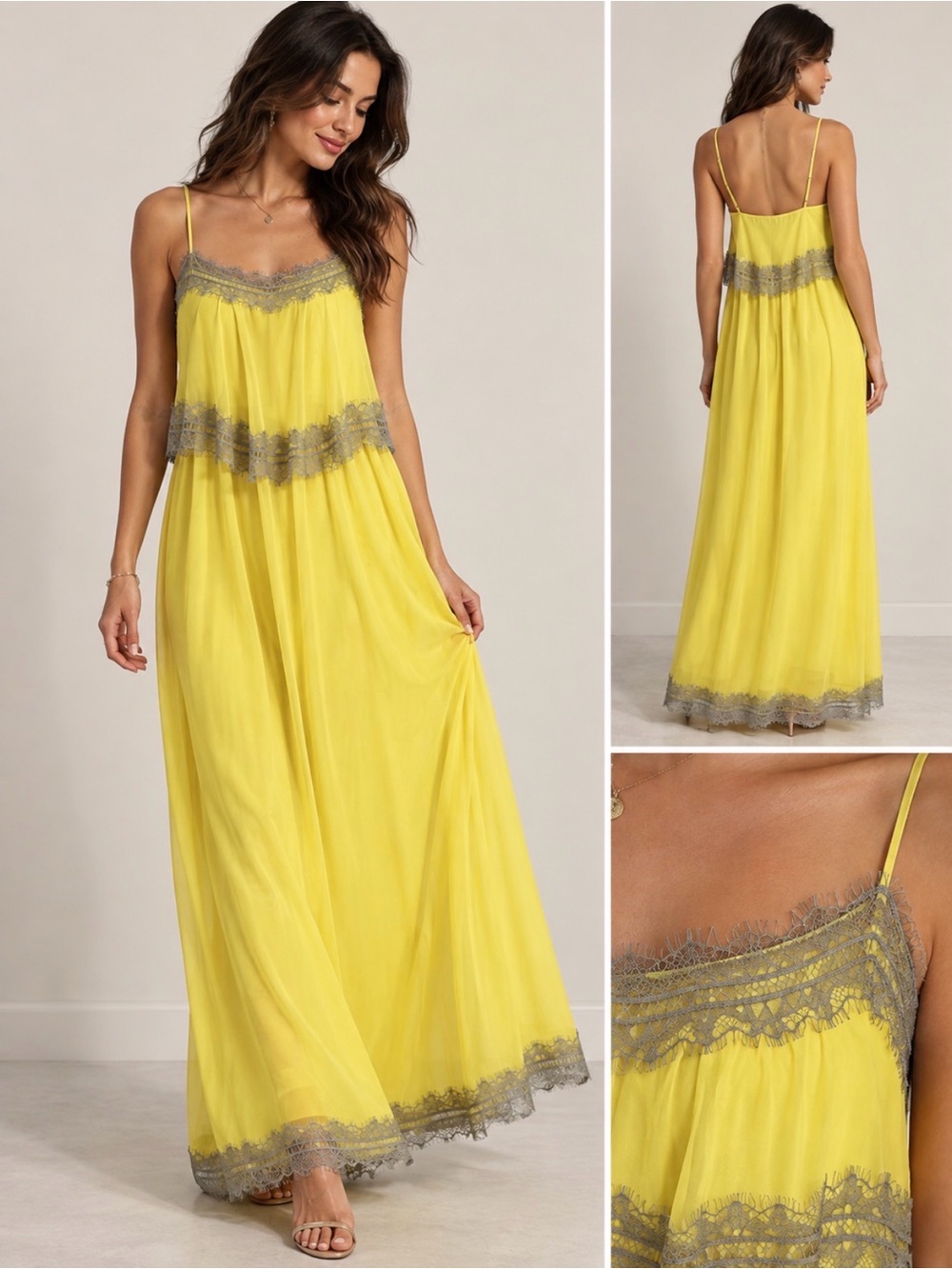 Twelfth Street by Cynthia Vincent Yellow Gray Lace Trim Maxi Women’s Dress M